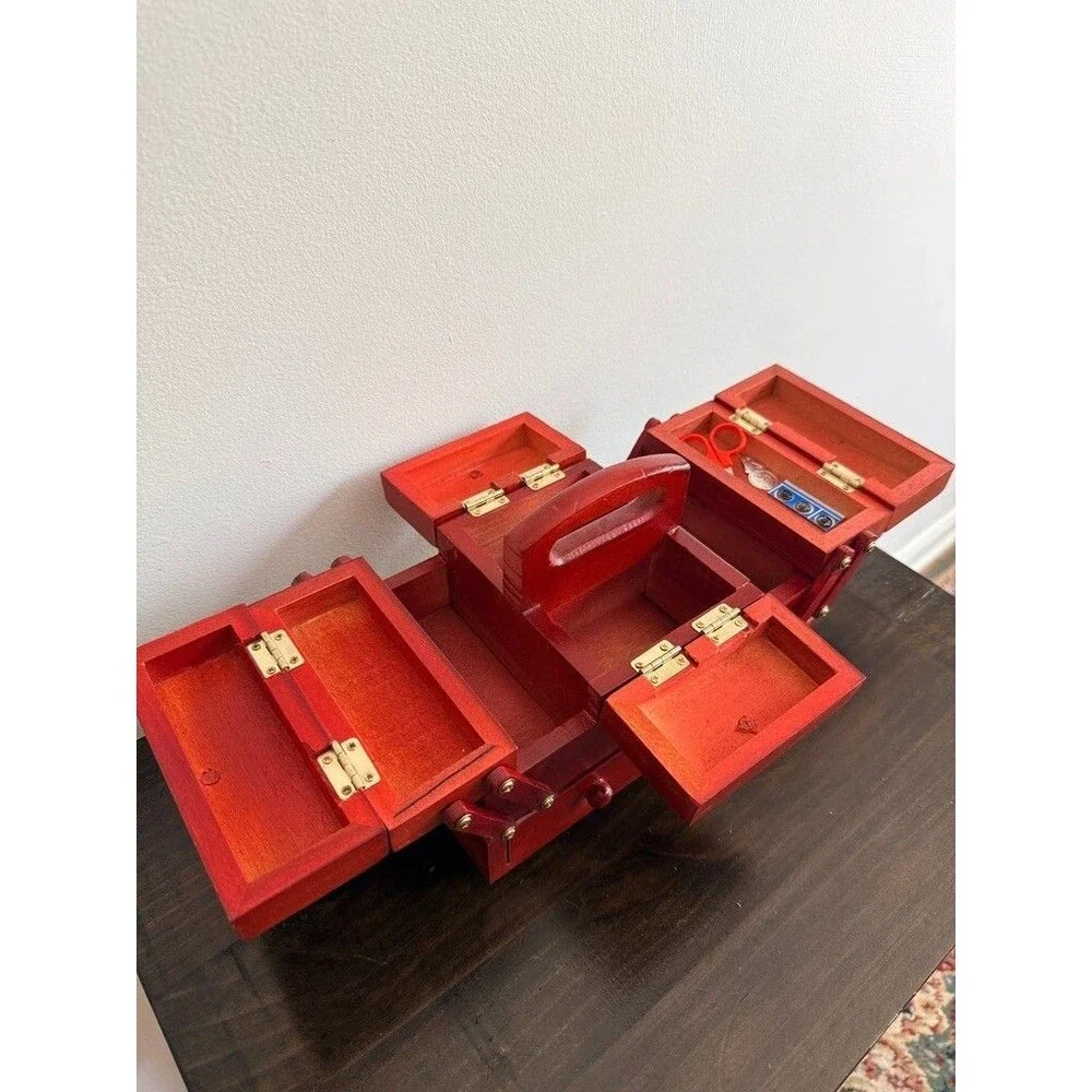 Vintage Red Wooden 2 Tier Cantilever/Accordion Sewing Kit w/feet includes thread